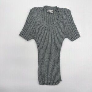 VINTAGE In Charge Shirt Womens Medium Gray Ribbed Cropped Stretch Short Sleeve